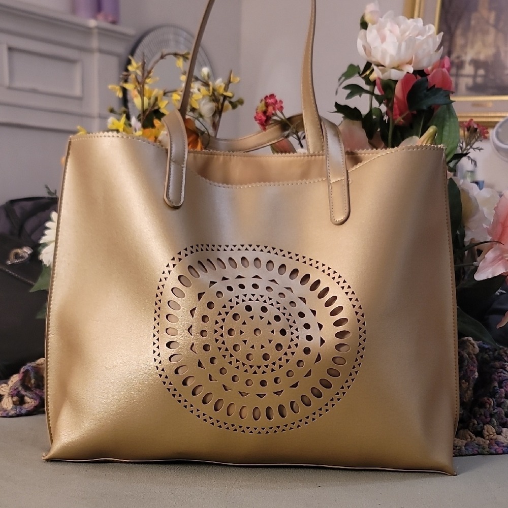 Neiman Marcus Metallic Gold Tote with Intricate Cut-Out Design